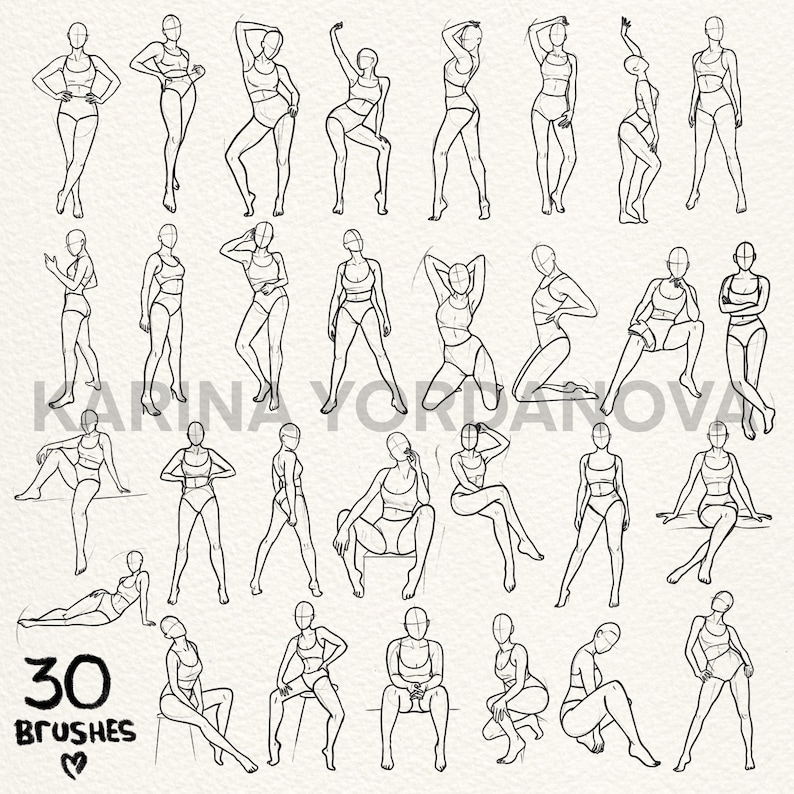 K&ouml;nnte beinhalten: Ein Set mit 30 Strichzeichnungen von weiblichen Figuren in verschiedenen Posen. Die Figuren sind in einem einfachen Stil mit minimalen Details gezeichnet. Die Illustrationen eignen sich perfekt f&uuml;r die Verwendung in digitaler Kunst, Modedesign oder als Inspiration zum Zeichnen.