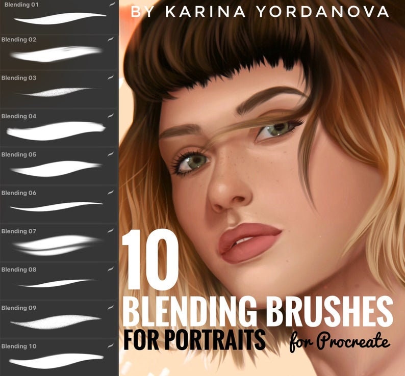 May include: Digital art image featuring a portrait of a woman with green eyes and blonde hair. The image includes a set of 10 blending brushes for portraits, designed for Procreate, with the text "10 Blending Brushes for Portraits for Procreate" and the artist's name.