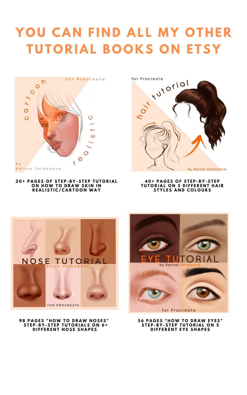 May include: Digital art tutorials for Procreate, including guides on drawing skin, hair, noses, and eyes. The image features book covers with illustrations and text: "Cartoon," "Hair Tutorial," "Nose Tutorial," and "Eye Tutorial." Each tutorial is by Karina Yordanova.