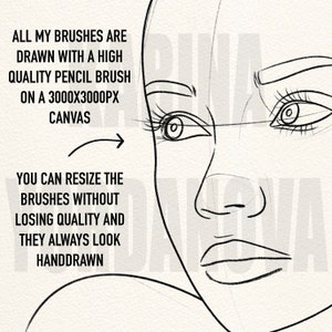 K&ouml;nnte beinhalten: Eine Schwarzwei&szlig;-Zeichnung eines Frauen Gesichts. Die Zeichnung ist detailliert und zeigt Augen, Nase und Mund. Der Text "ALL MY BRUSHES ARE DRAWN WITH A HIGH QUALITY PENCIL BRUSH ON A 3000X3000PX CANVAS YOU CAN RESIZE THE BRUSHES WITHOUT LOSING QUALITY AND THEY ALWAYS LOOK HANDDRAWN" steht auf der linken Seite des Bildes.