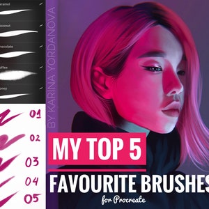 May include: Digital art graphic featuring a woman with pink hair and a pink and purple color scheme. The text reads "MY TOP 5 FAVOURITE BRUSHES for Procreate" with brush stroke examples and brush names: Caramel, Coconut, Chocolate, Coffee, and Honey.