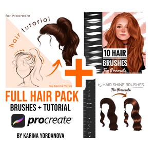 May include: A digital art pack for Procreate featuring 10 hair brushes, 15 hair shine brushes, and a tutorial on how to draw hair. The pack includes a variety of brushes for creating different hair styles and textures.