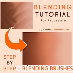 Pode incluir: Imagem com o texto "BLENDING TUTORIAL for Procreate by Karina Yordanova". A imagem apresenta um guia passo a passo com uma seta laranja e as palavras "STEP BY STEP + BLENDING BRUSHES."