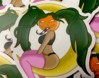 Pin up Halloween spooky pumpkin babe OC on crescent moon sticker