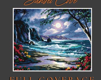 Patrón de punto de cruz Sunset Cove, escena tropical del océano, cobertura completa, punto de cruz grande, descarga digital en PDF