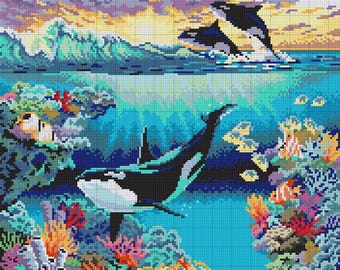 Patrón de punto de cruz de arrecife oceánico, orca, escena tropical del océano, cobertura completa, punto de cruz grande, PDF digital, descarga instantánea, apto para principiantes