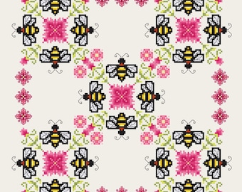 Patrón de punto de cruz de flores rosas de abejorro. Descarga digital en PDF.