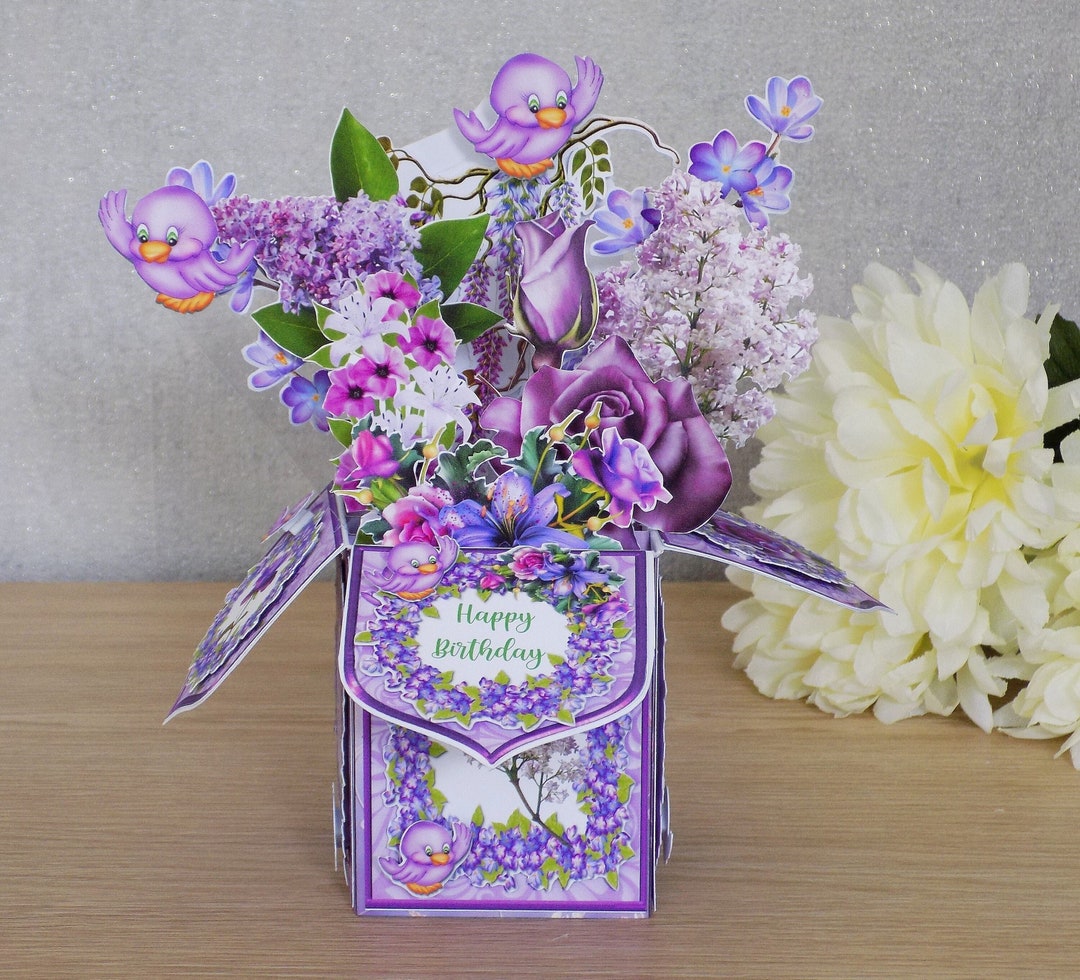 Purple Flowers Pop up Birthday Card, Personalised 3D Box Card for Her ...