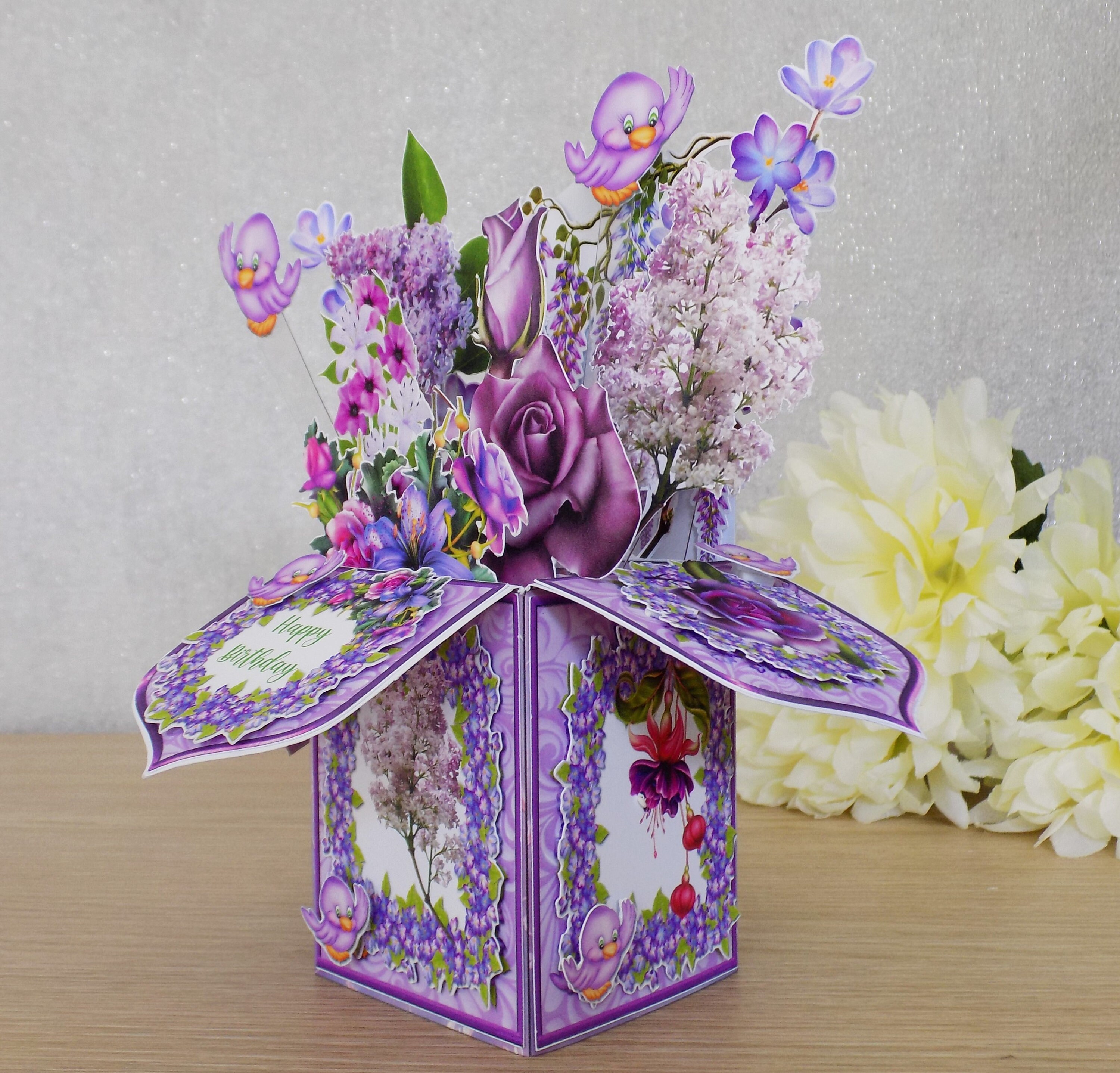 Purple Flowers Pop up Birthday Card, Personalised 3D Box Card for Her ...