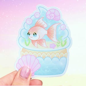 Cute Fish Cupcake Sticker – Kawaii Ocean Dessert– Waterproof Vinyl Decal – Cute Fantasy Gift
