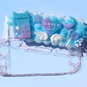 Kawaii Decoden Switch Lite Case – Blue & Purple Gamer Girl Design with Charms + Rhinestones