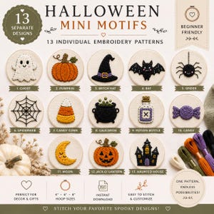 Puede incluir: Una guía digital titulada Halloween Mini Motifs que presenta 13 patrones de bordado individuales. Los diseños incluyen un fantasma, calabaza, sombrero de bruja, murciélago, araña, telaraña, maíz dulce, caldero, botella de poción, caramelo y más.