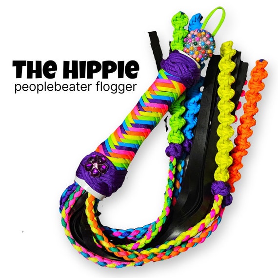 Ultra UV Hippie Peoplebeater flogger, ' Lisa Frank' inspired, spanking, adult, parcord, kink toys, Blacklight reactive