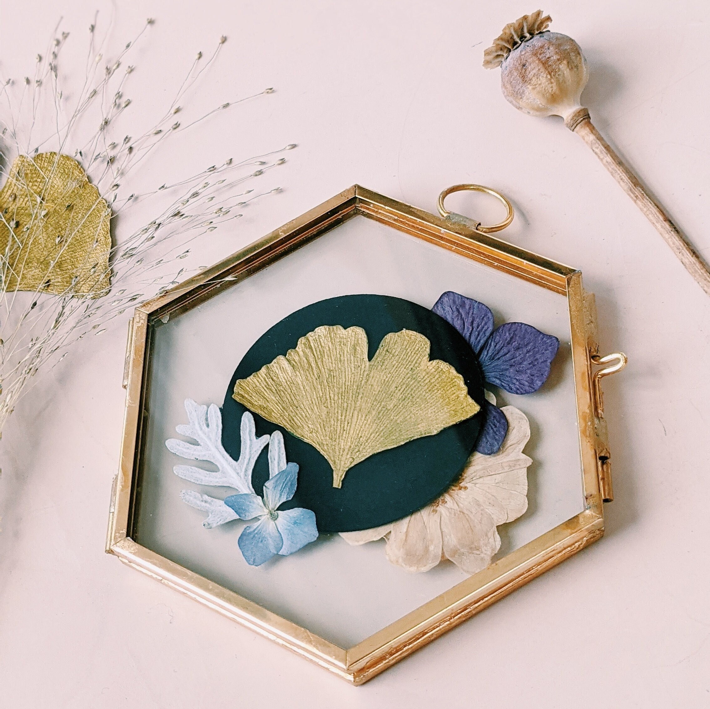 Herbier Suspendu Hexagonal, Plantes Pressées/Accrochage Mural Botanique Feuille de Gingko d'or Art d