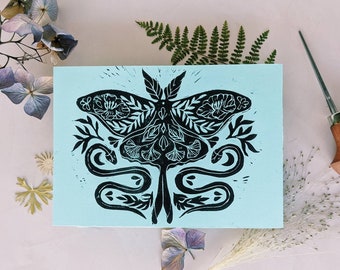 Original lino cut print butterfly and snakes, handmade butterfly and snakes botanical design, hand printed wall art, 5 X 7 lino snake print