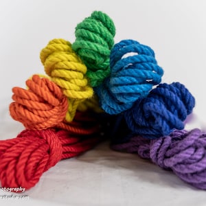 Puede incluir: Un conjunto de cuerdas de colores dispuestas en forma de arcoíris. Las cuerdas son de color rojo, naranja, amarillo, verde, azul y morado. La imagen está sobre un fondo blanco.