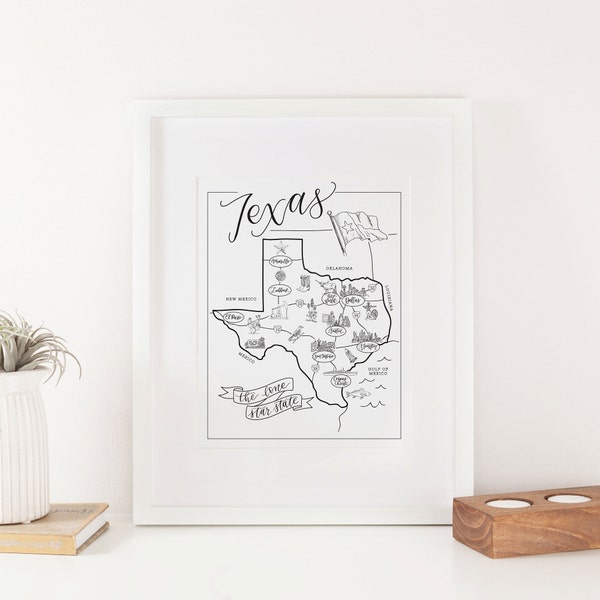 Texas Illustrated Map, Texas wall art print, nursery decor, wall art, state map poster, USA travel map