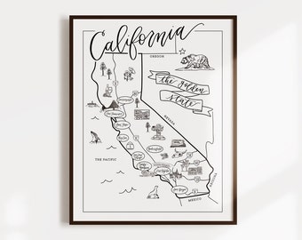 California Illustrated State Map, California Map, California wall art print, nursery decor, wall art, state map poster, USA travel map