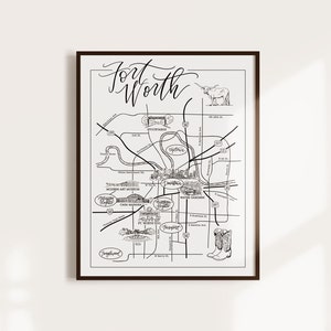 Fort Worth Illustrated City Map, Fort Worth Map, Fort Worth wall art print, nursery decor, wall art, state map poster, USA travel map