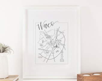 Waco Illustrated Map, Texas Map, Baylor wall art print, nursery decor, wall art, state map poster, USA travel map