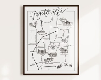 Fayetteville City Illustrated Map Print, Fayetteville Map, Fayetteville wall art print, nursery decor, wall art, map poster, USA travel map