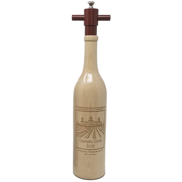 Personalized Wine Bottle Pepper Mill, Chateau Edition (New), Natural, Made in USA