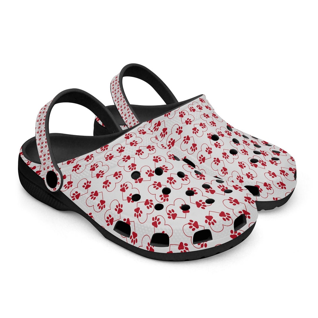 Clogs, Black Sole Sandals, Red Paw Prints and Hearts, Comfortable ...