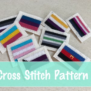 May include: Cross stitch patterns for various pride flags, including the transgender, non-binary, asexual, and pansexual flags.