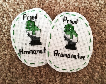 Aromanatee Patch | Aromantic Manatee Pun | Handmade Queer Cross Stitch Patch