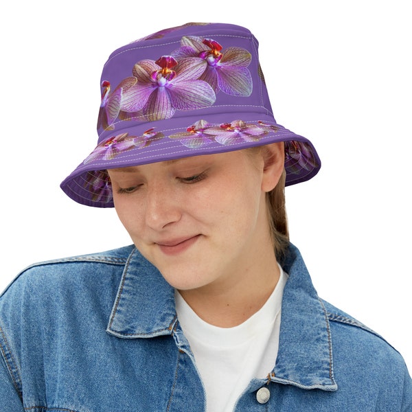 Blushing Elegance Pink Orchids on Radiant Purple Bucket Hat Floral wear for her