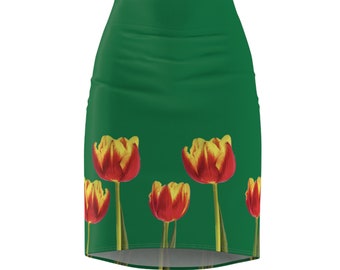 Bright Bold Multi Color Tulip Women's Pencil Skirt Made in USA