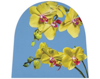 Beanie, Yellow Orchids Design, Floral Baby Hat, Newborn Photography Prop, Infant Shower Gift, Gender Neutral Cap, Spring Fashion Accessory