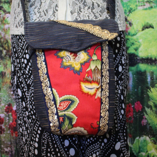 Boho cross body, Jacobean floral fabric handbag, floral should bag, fabric handbag, navy red handbag, art wear hand bag, custom designed bag