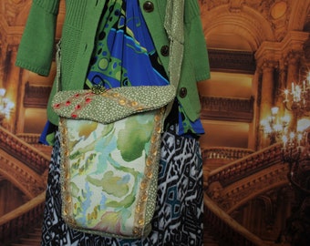 bohemian cross body handbag, art wear shoulder bag, fabric purse, made in usa, shabby chic purse, boho cross body purse, shoulder bag