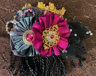 Custom designed, Brooch, Corsage, ribbon/fabric, vintage  style, made in usa, fast ship, floral brooch, textile  art wear,  couture jewelry