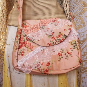 shabby chic cross body handbag, boho handbag, floral handbag, vintage style handbag, floral shoulder bag, custom designed bag, boho purse,