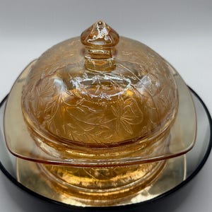 Jeanette Glass - Floragold iridescent butter dish / lidded dish