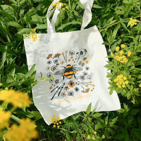 Happy Bee 100% cotton tote bag - 15'' x 16'' tote nature screen printed illustration summer bumblebee with yellow flowers