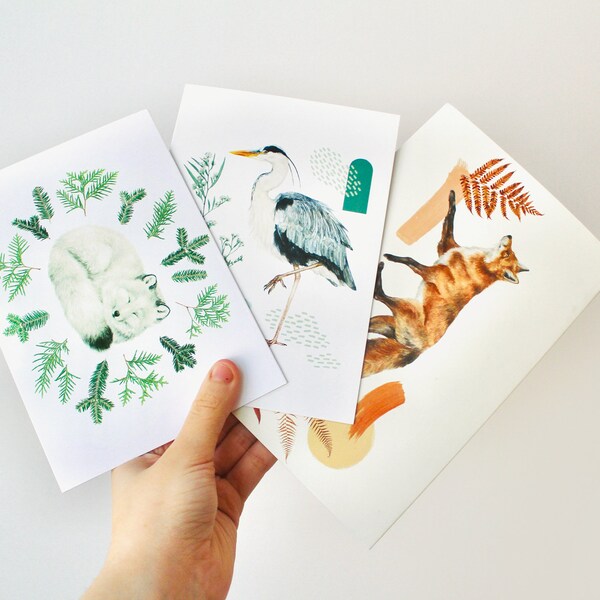 Set of any 3 Greeting Cards - nature inspired watercolor illustration with pressed botanicals printed on matt cardstock paper
