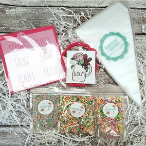 May include: A spring-themed baking kit with a red cookie cutter in the shape of a watering can with a flower, a white piping bag, a card with the words "Spring Bloom Grow Shine Plant Fresh", and three bags of colorful sprinkles.