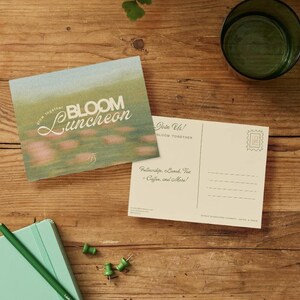 Bearbeitbare Bloom Luncheon Postkarte Vorlage | Christliche Leinwand Einladen | Frühling Gemeinschaft Teeparty | Blumenkirche Ereignis zum Ausdrucken