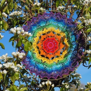 Puede incluir: Un mandala de crochet arcoíris colgado de una rama de árbol. El mandala está hecho de hilo en tonos de morado, azul, verde, amarillo, naranja y rojo. El mandala está rodeado de flores blancas.
