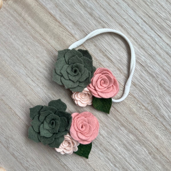 Succulents and Roses Headband / newborn flower crown / hair accessories / felt flowers / nylon head band / felt succulents / felt rose