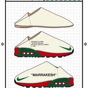May include: Illustration of three off-white sneakers with red and green accents. The top sneaker is a simple slipper design. The middle and bottom sneakers are Nike Air Max 90 designs, with the text "MARRAKESH" on the bottom shoe.