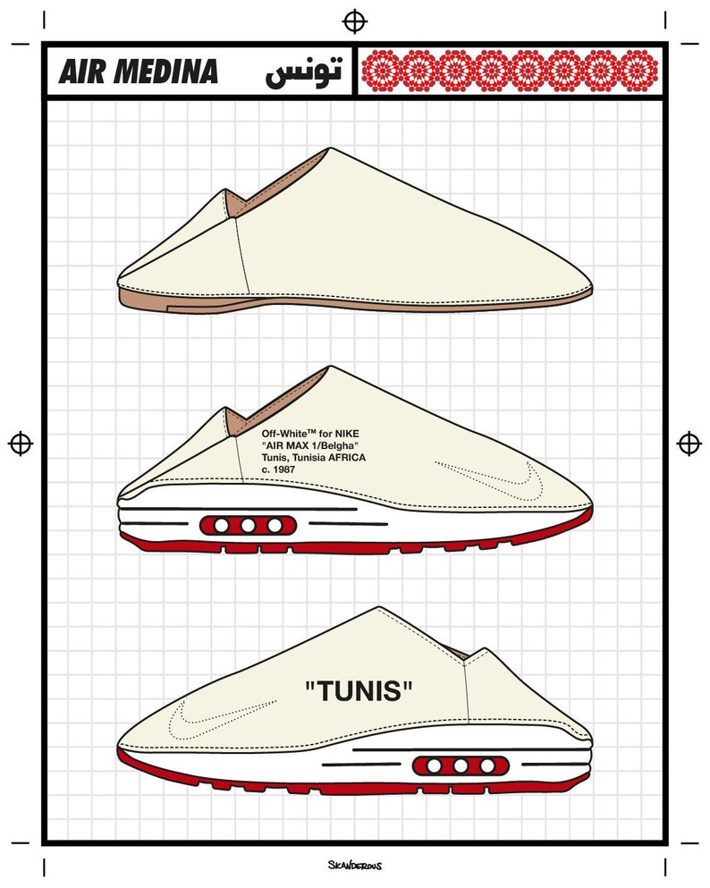 May include: Illustration of three cream-colored sneakers with red and white accents. The top sneaker has a brown sole. The middle sneaker has the Nike swoosh and the text "Off-White&trade; for NIKE AIR MAX 1/Belgha Tunis, Tunisia AFRICA c. 1987". The bottom sneaker has the text "TUNIS".