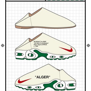 May include: Illustration of three pairs of cream-colored sneakers with green and red accents. The top pair is a slipper style, while the bottom two are sneakers with the word "ALGER" and a red swoosh. The text "AIR MEDINA" and "Algeria" are also present.