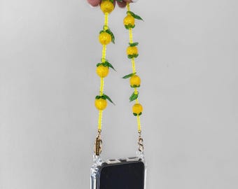 Lemon Phone Strap – Fruit Themed Yellow Beaded Wristlet with Green Leaf Charms, Gold Stainless Steel