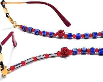 Cadena para gafas con rosas rojas - Correa para gafas con cuentas de Murano azules, collar floral