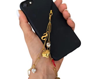 Personalized Initial Phone Charm – Gold Wrist Phone Chain with Swarovski Heart Charms