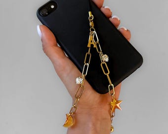 Personalized Initial Phone Charm – 18K Gold Wrist Phone Chain with Swarovski Crystal Charms